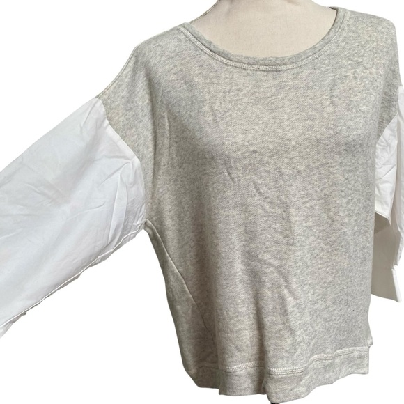 LOFT Gray Knit Mixed Media Top Small White Poplin Sleeve Pullover Blouse - Picture 4 of 11
